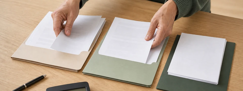 Eine Person sortiert Vertragsunterlagen in mehrere Mappen